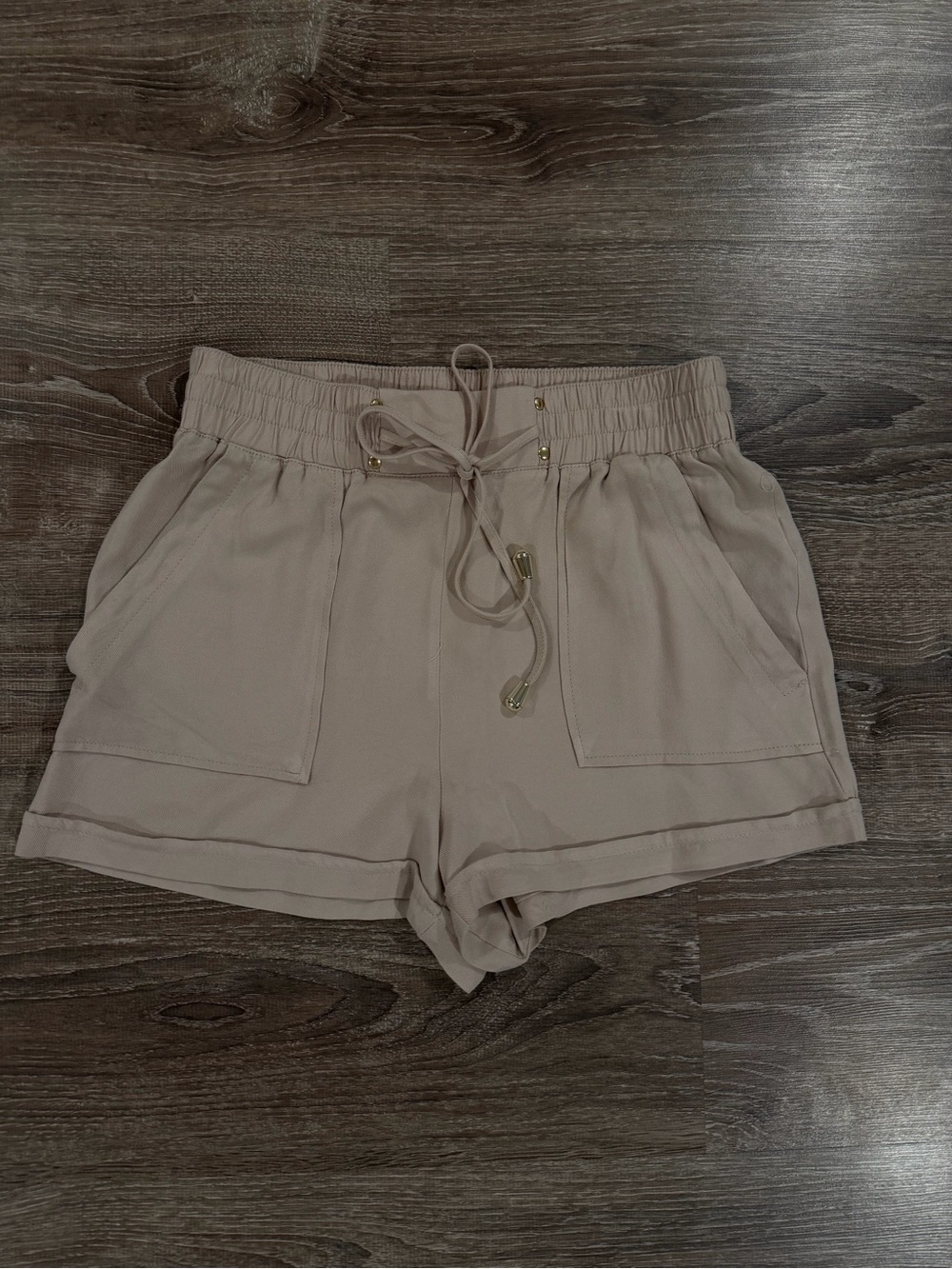 High-Waist Paperbag Shorts with Drawstring in Taupe